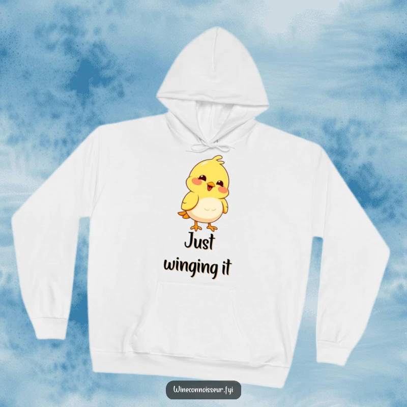 Funny joyful yellow bird character nodding thoughtfully on a cozy funny hoodie.