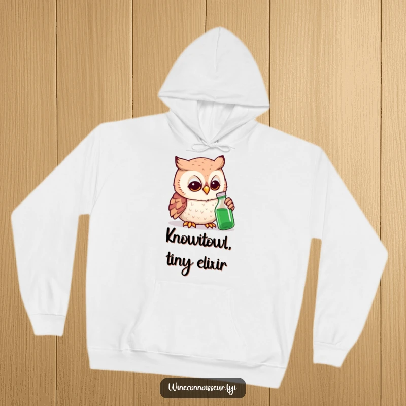 Funny owl expert hoodie featuring a smiling owl intently examining a very small bottle, looking like a brilliant scientist.