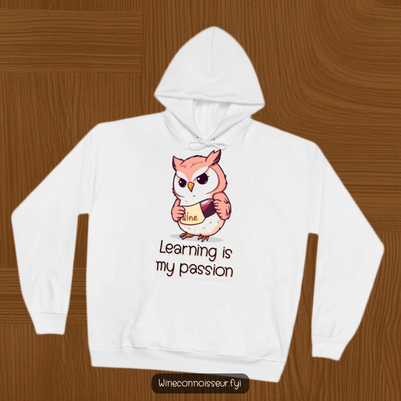 Funny Kawaii owl hoodie featuring a determined character intently studying a wine label, offering cozy intellectual vibes and humor, a great gift.
