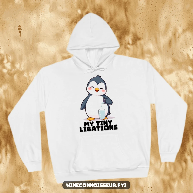 Funny giggling penguin hoodie, pouring tiny liquid, cozy and cute graphic for bird enthusiasts.