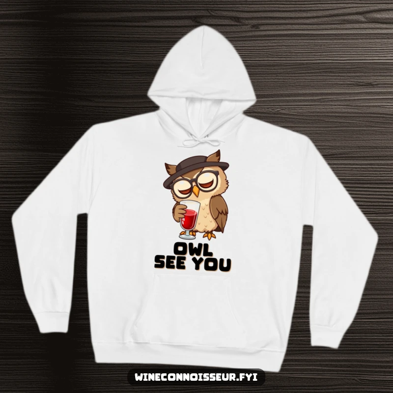 Funny wise brown owl with spectacles swirling red liquid on a cozy funny hoodie.