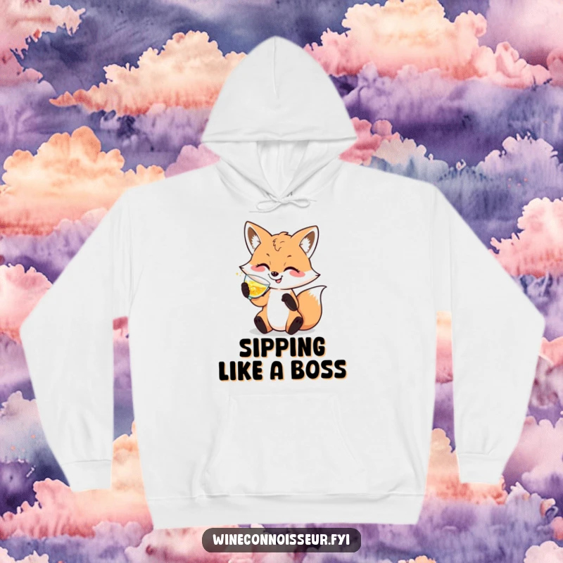 Funny hoodie with a sophisticated fox character swirling sparkling liquid, offering warmth and elegant humor.