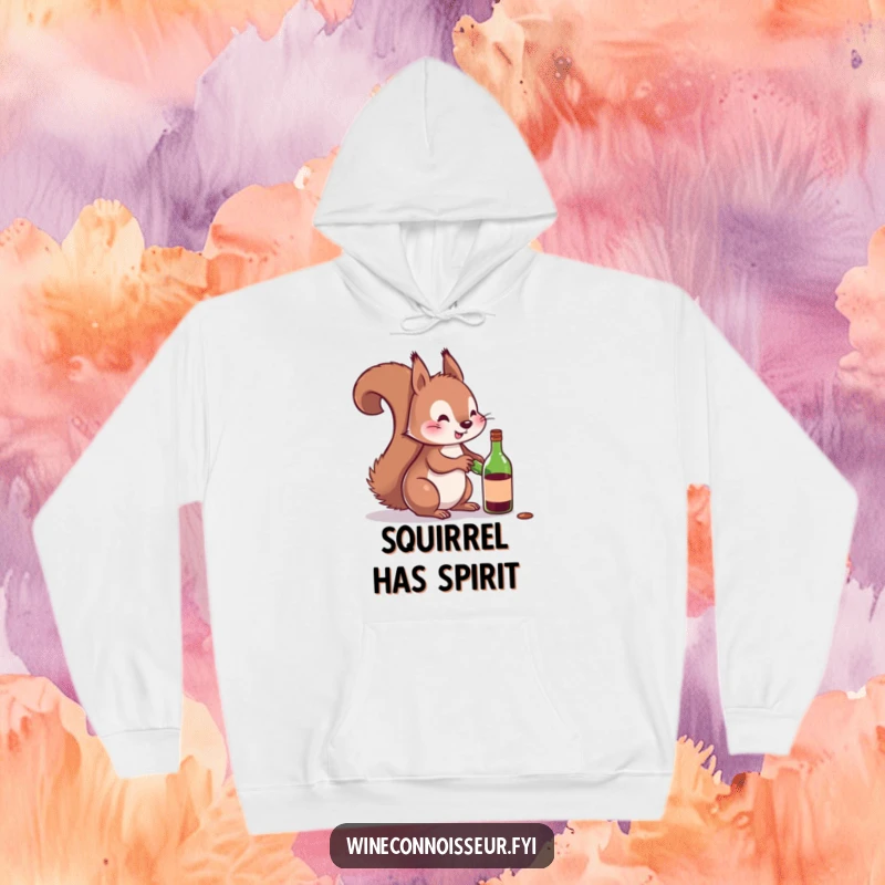 Funny hoodie with a playful squirrel trying to uncork a miniature wine bottle, perfect for cozy, adult humor.