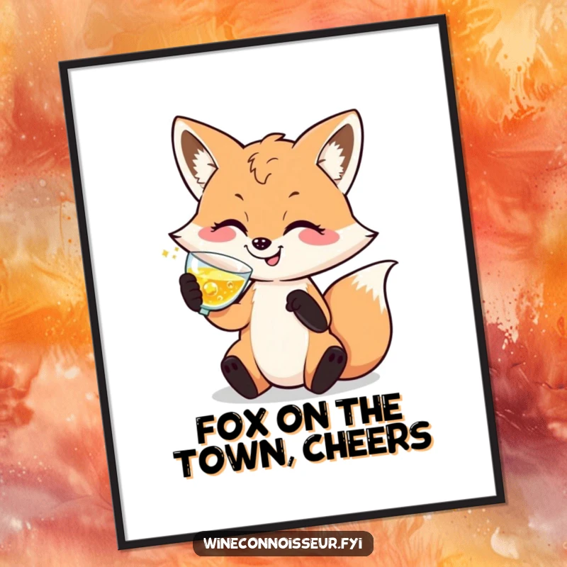 Funny Free Printable Wall Art of a happy, sophisticated fox character elegantly swirling a glass of sparkling wine.