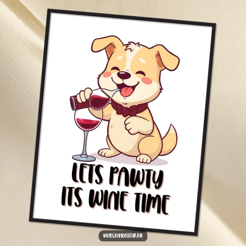 Funny Free Printable Wall Art: A cheerful dog pouring wine from a decanter with a flourish, playful and humorous downloadable decor.