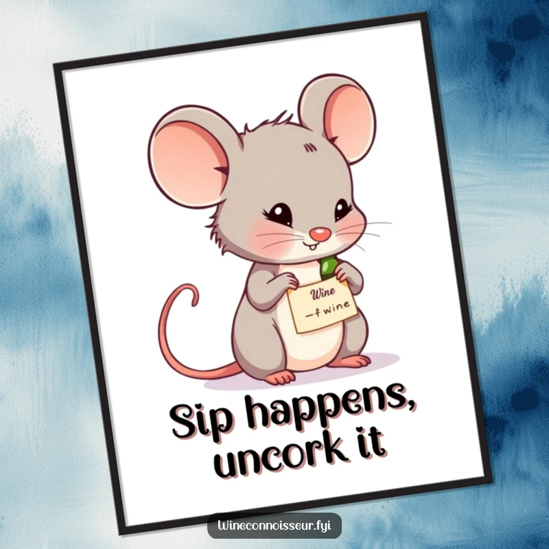 Funny Free Printable thoughtful mouse examining wine label, intellectual downloadable wall art, perfect for wine lover's decor.