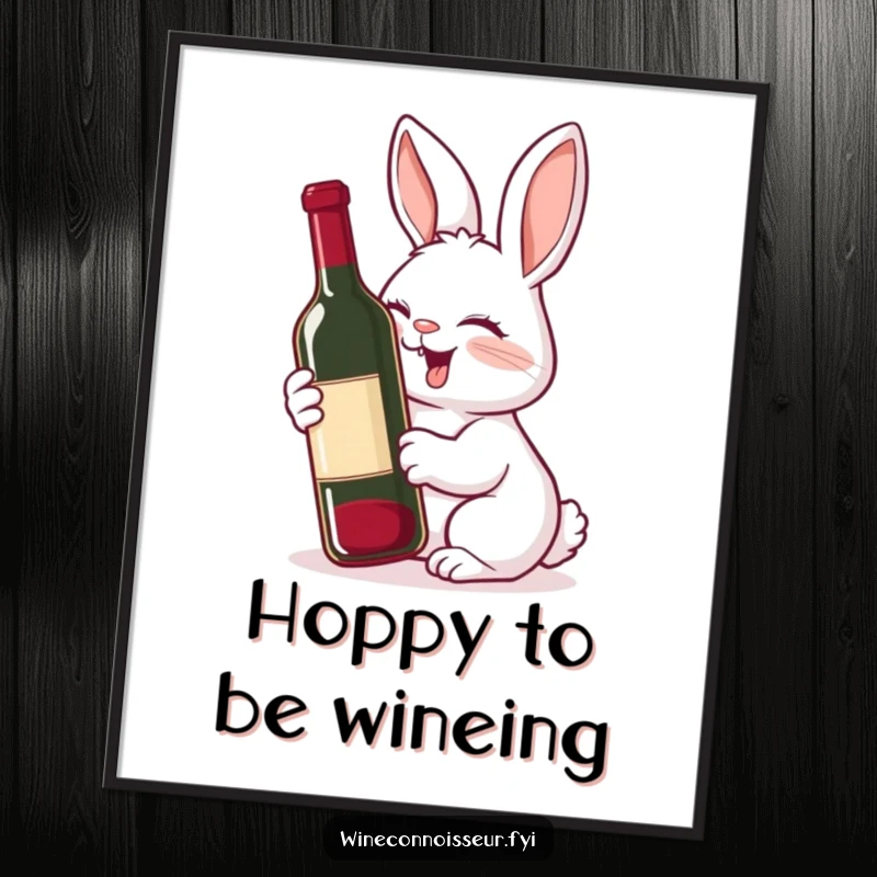 Funny Free Printable Wall Art: A giggling rabbit with a delighted expression sniffs a wine bottle, cheerful and humorous downloadable decor.