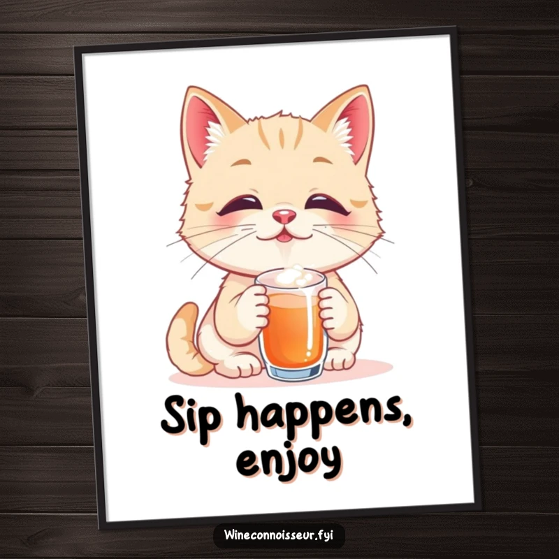 Funny Free Printable Wall Art of a playful cat taster savoring a tiny sip with closed eyes and a look of pure bliss.
