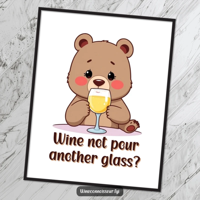 Funny Free Printable Wall Art: Determined bear sips wine glass, exuding sophisticated humor and downloadable decor charm.