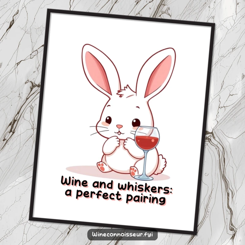 Funny Free Printable Wall Art: Kawaii rabbit with wine bottle, deep in thought about pairings.