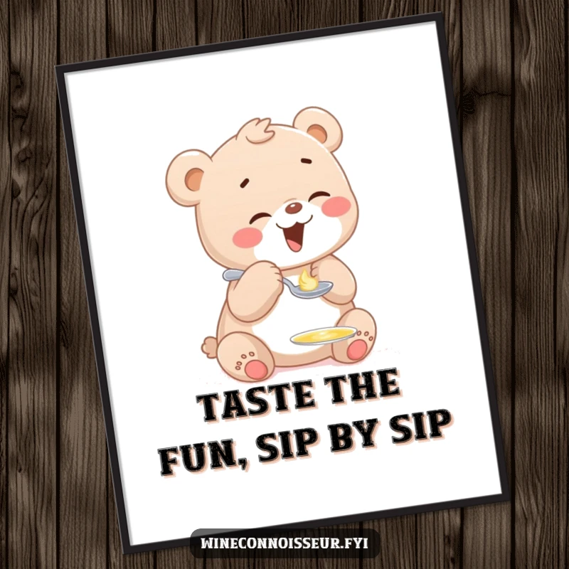 Funny Free Printable Wall Art: A bear cub giggles with delight, tasting a small drop from a tiny spoon.