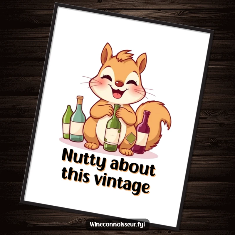 Funny Free Printable Wall Art: A giggling squirrel gleefully shows off its collection of tiny wine bottles.