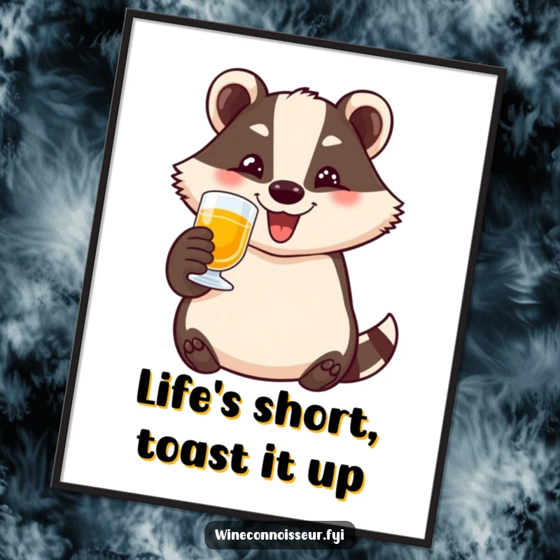 Funny Free Printable Wall Art: A happy badger character toasting enthusiastically with a small glass, bringing joy and laughter.