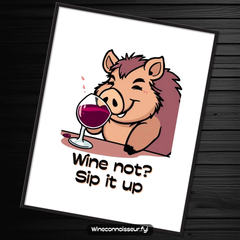 Funny Free Printable Wall Art: A jovial boar character happily sipping from a large wine goblet, adding a rustic touch.