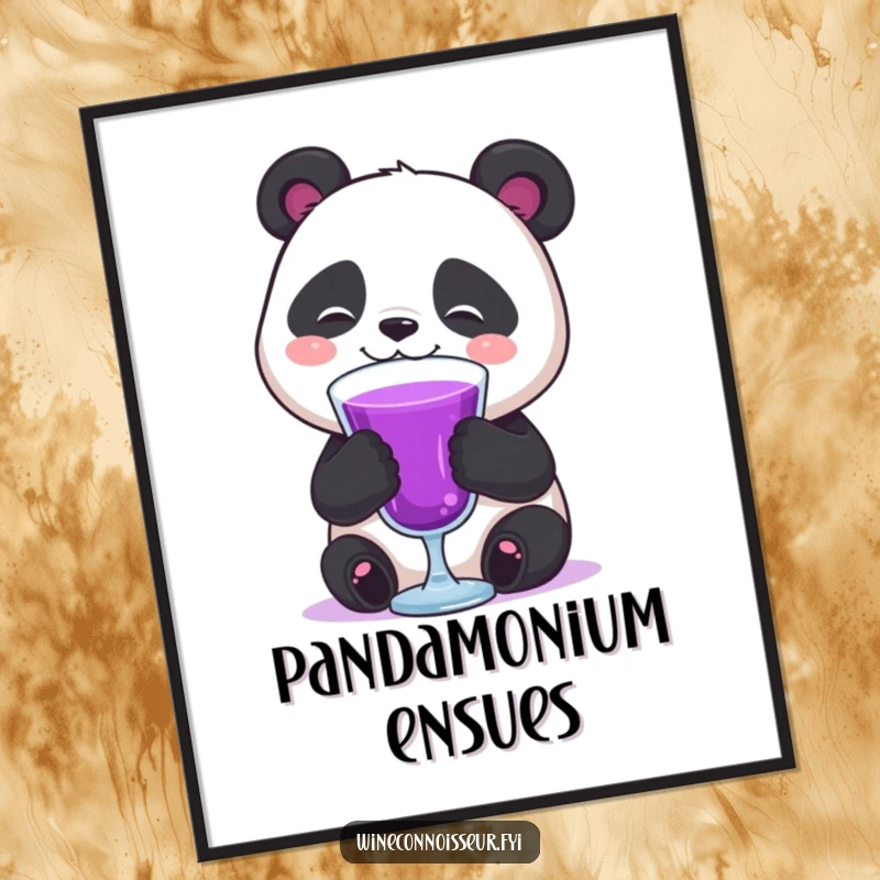 Funny Free Printable Wall Art: A happy panda gracefully swirling a vibrant purple drink, exuding relaxation and contentment.