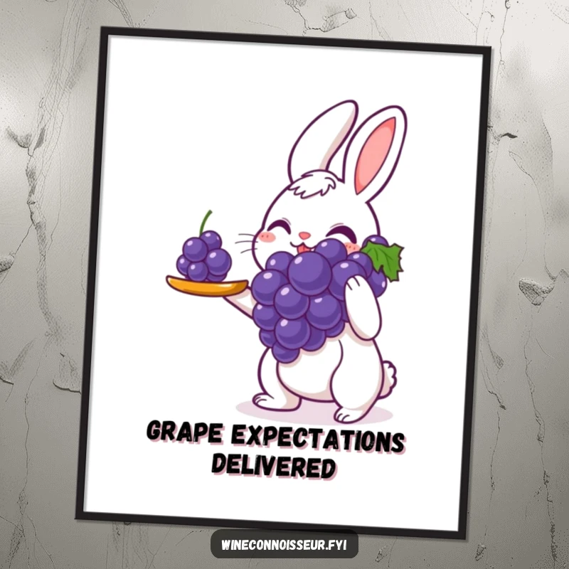 Funny Free Printable Wall Art of a delighted rabbit server carefully presenting a single perfect grape with great care.