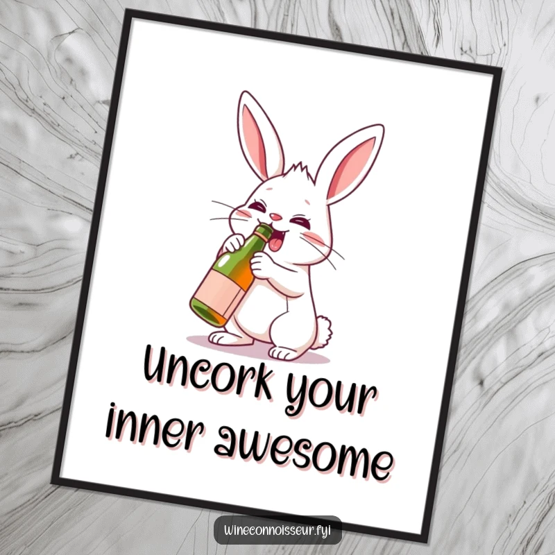Funny Free Printable Wall Art: A determined rabbit uncorks a miniature wine bottle with great enthusiasm.