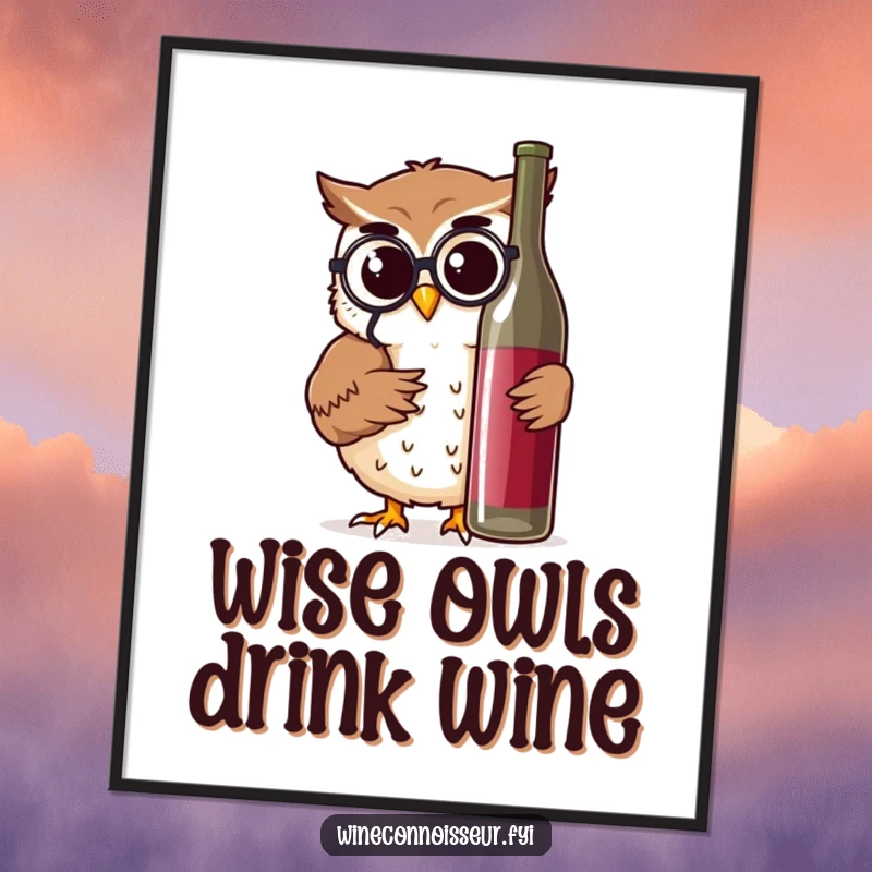 Funny Free Printable Wall Art: Cheerful owl character wearing a monocle, thoughtfully inspecting a wine bottle with a wise expression.