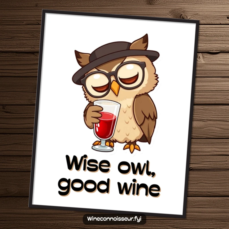 Funny Free Printable Wall Art: A wise brown owl wearing spectacles carefully swirls a glass of red liquid.