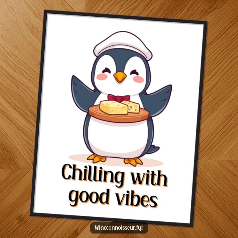 Funny Free Printable wall art of a perky penguin server with a proud flourish offering a cheese platter.