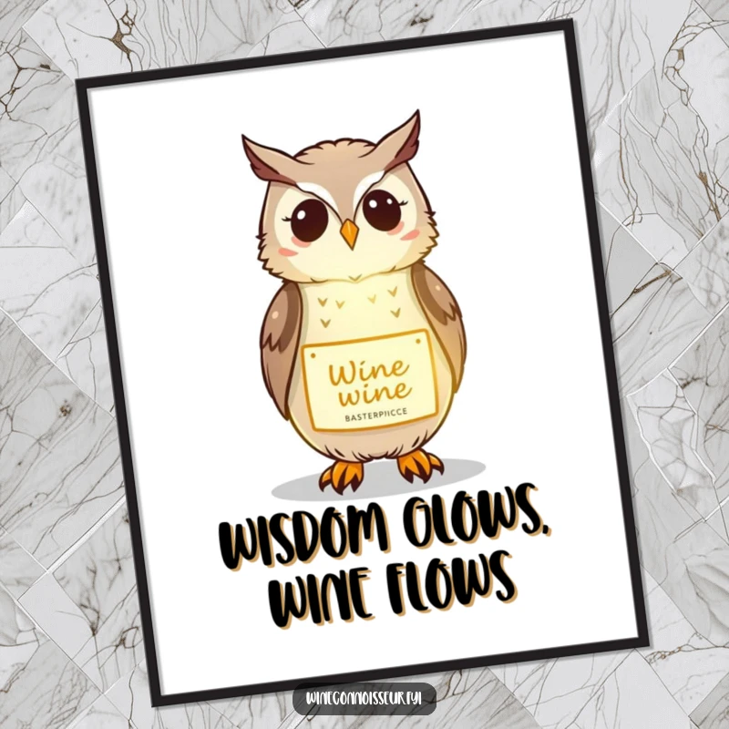 Funny Free Printable Wall Art: A charming kawaii owl emitting a soft, gentle glow onto a wine label. Magical and humorous.