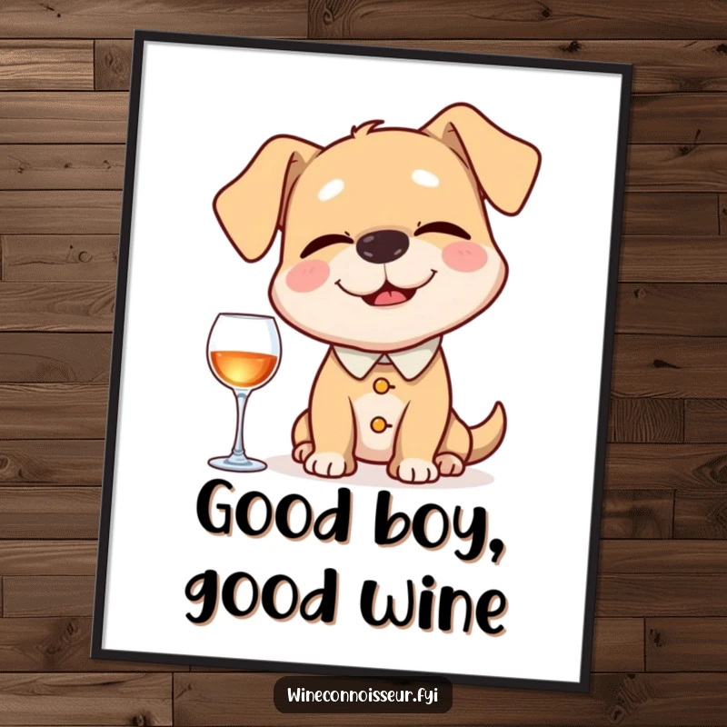 Funny Free Printable Wall Art of a happy dog sommelier with closed eyes, carefully sniffing an invisible aroma.