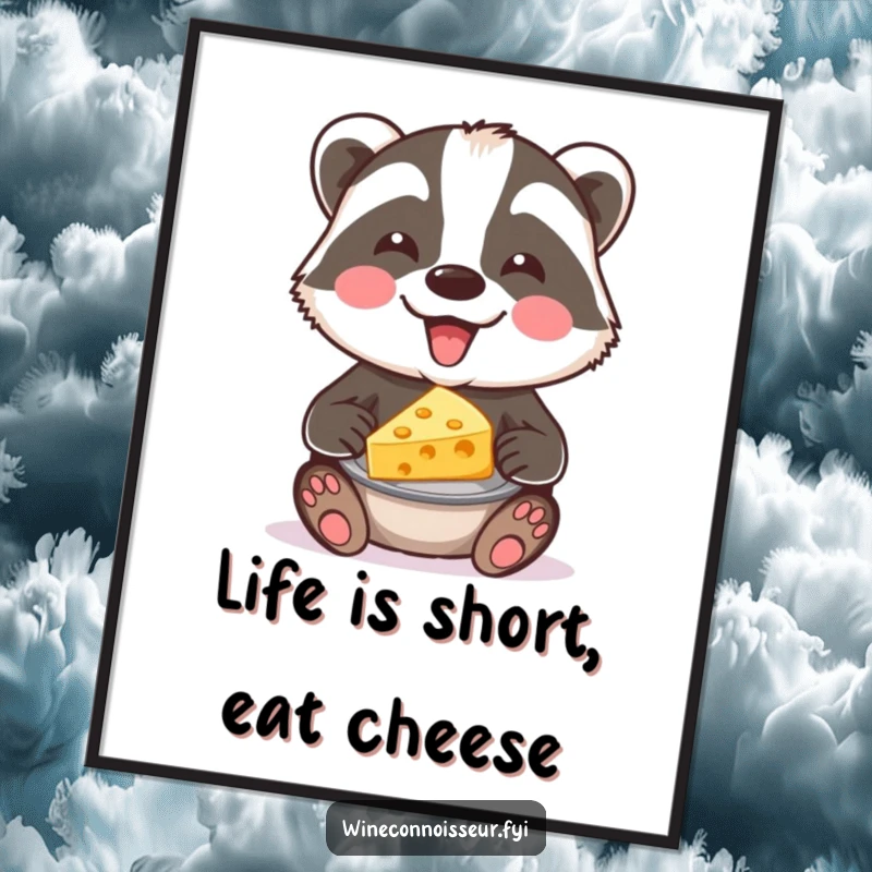 Funny Free Printable joyful badger presenting cheese pairing, gourmet downloadable wall art, perfect for food lover's decor.