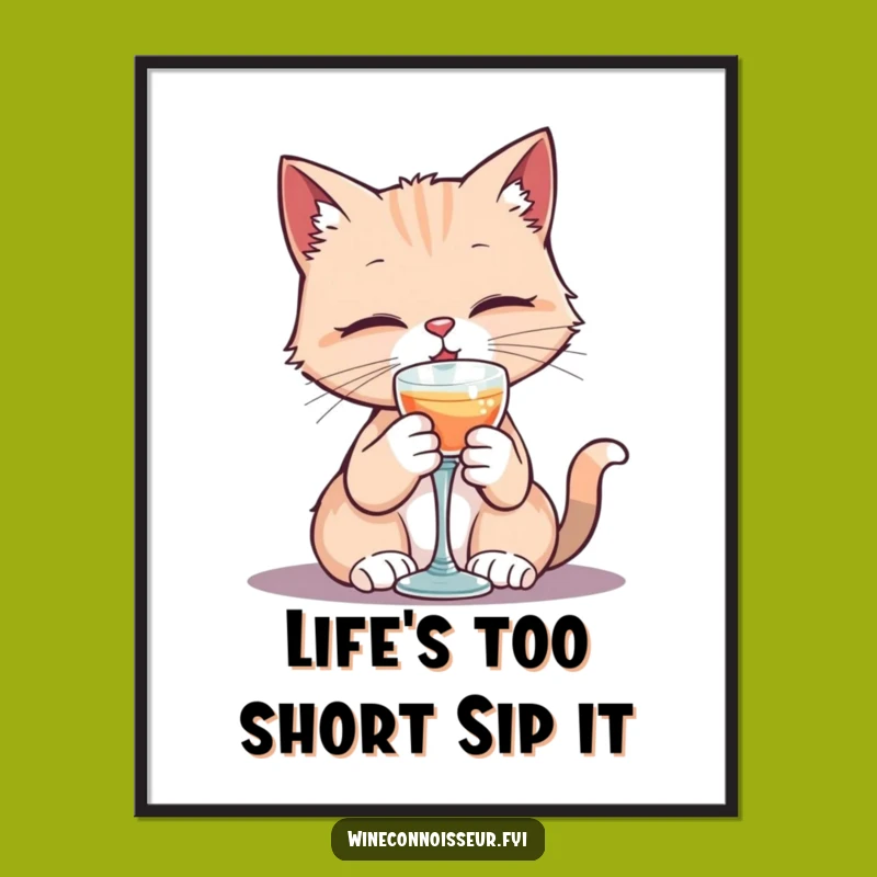 Funny Free Printable Wall Art: Elegant Kawaii Cat Sipping for a Touch of Class