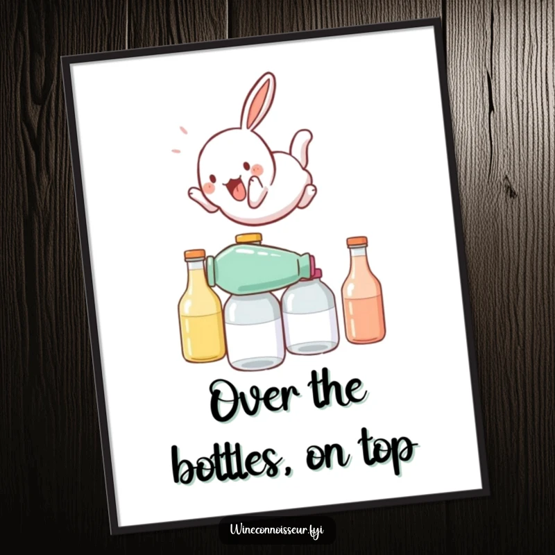 Funny Free Printable Wall Art: Playful rabbit somersaulting over stacked bottles, showcasing acrobatic fun, dynamic downloadable art.