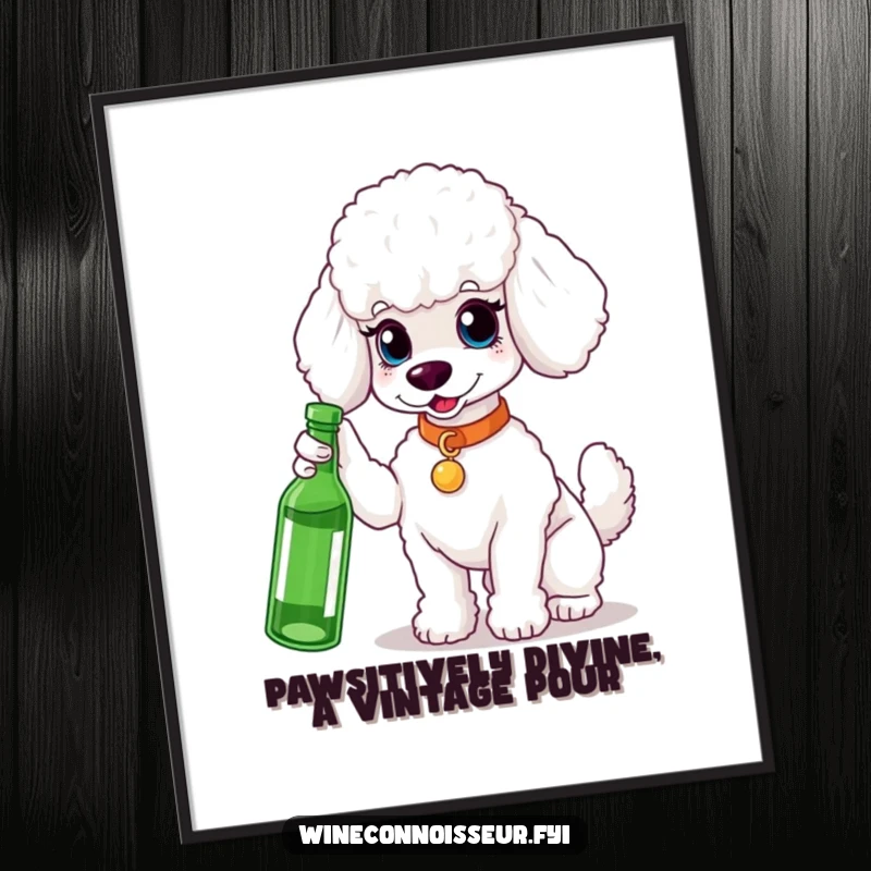 Funny Free Printable Wall Art: Refined White Poodle with Sophisticated Air, Gesturing Towards a Wine Bottle