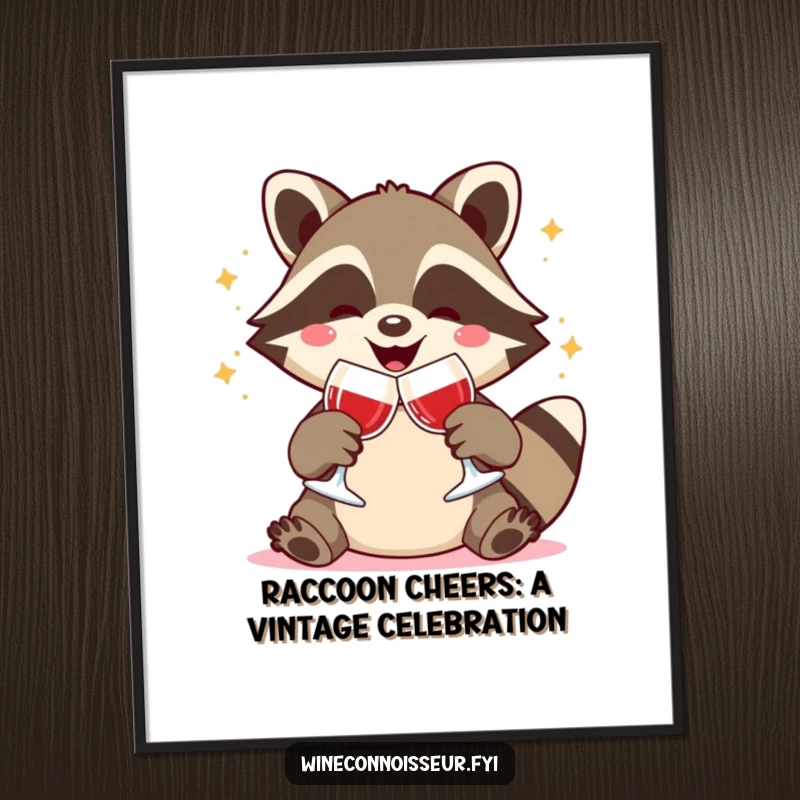 Funny Free Printable Wall Art: Joyful Kawaii raccoon happily clinks wine glasses, a festive and amusing downloadable art piece.