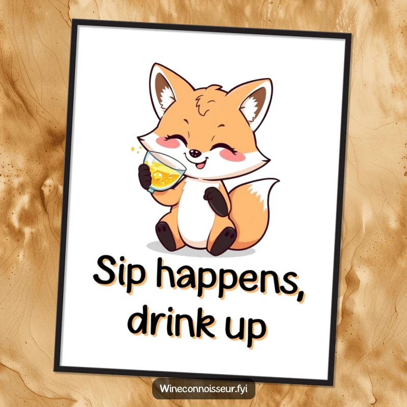 Funny Free Printable Wall Art: Happy, sophisticated fox character elegantly swirling a glass of bubbly, exuding charm and wit.