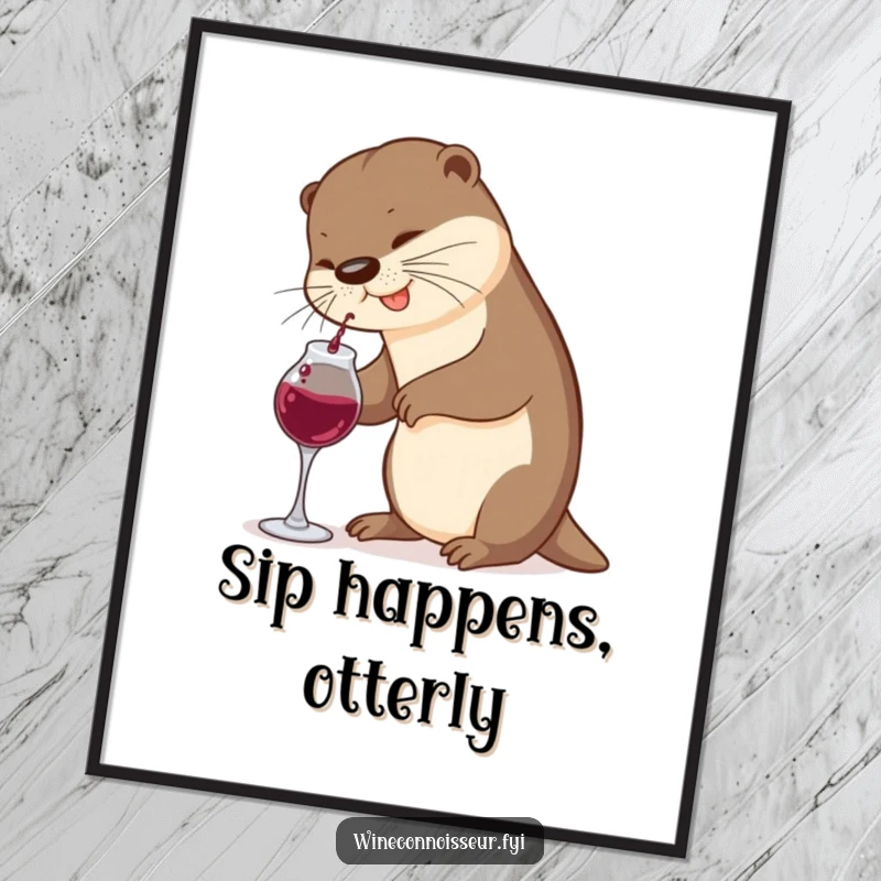 Funny Free Printable Wall Art: Playful otter attempts to pour wine from a tiny decanter, a humorous scene.