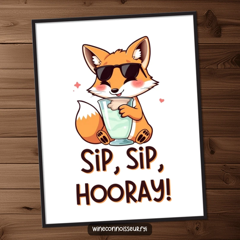 Free Printable Wall Art: A sophisticated kawaii fox happily swirling a glass, adding elegant and humorous charm to decor.