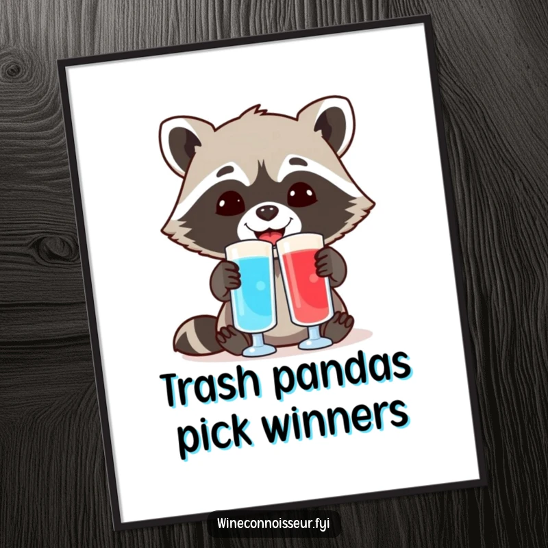 Funny free printable wall art of a cheerful raccoon comparing two vibrant, different colored liquid samples with a curious gaze.