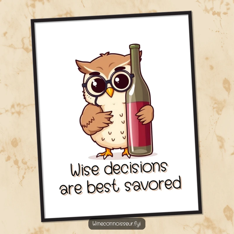 Funny Free Printable Wall Art: Cheerful owl wearing a monocle intently studies a wine bottle with a nod.