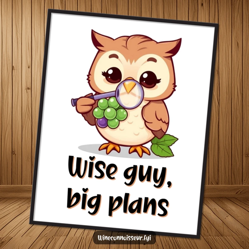 Funny Free Printable Wall Art: Cheerful owl with magnifying glass observing a grape, showcasing curiosity, unique downloadable art.