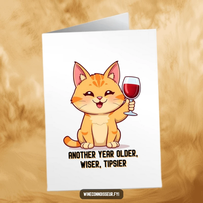 Funny Free Printable Birthday Card: Orange Tabby Cat Grinning, Holding Wine Glass Aloft, Celebrating Merrily