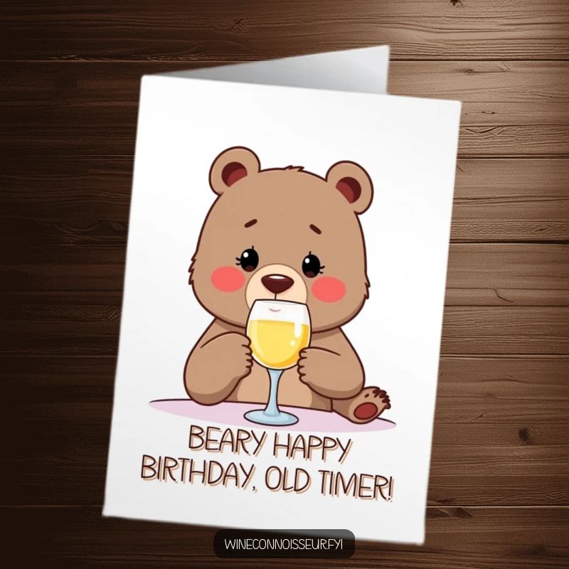 Funny Free Printable Birthday Card: Determined bear sips wine glass, celebrating with sophisticated humor, perfect downloadable gift.