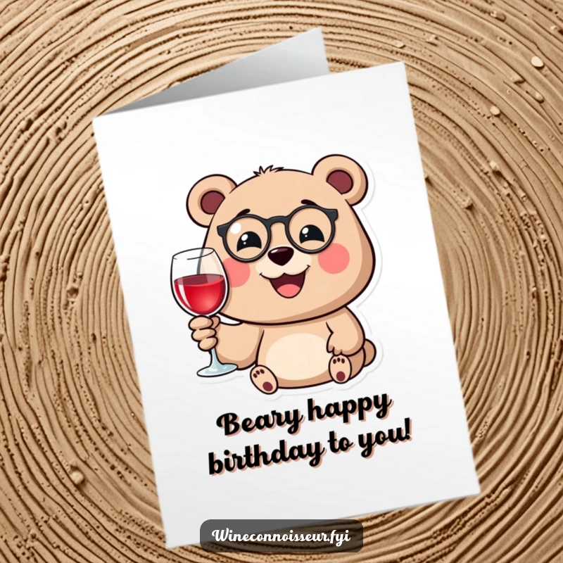 Funny Free Printable Birthday Card: Happy bear wearing a monocle, smiling while holding a wine glass, celebrating with downloadable humor.