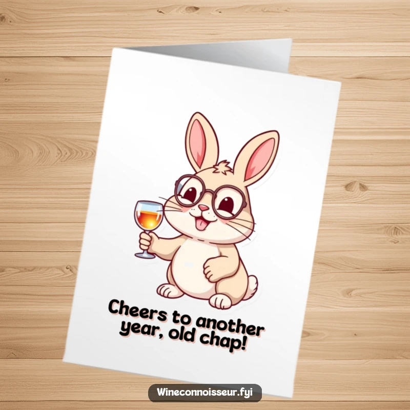Funny Free Printable Birthday Card featuring a cheerful rabbit in a monocle, holding a tiny wine glass, toasting with class.