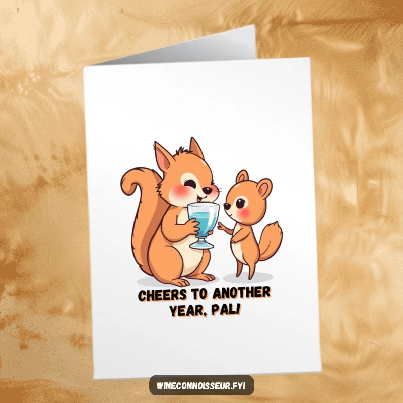 Funny Free Printable Birthday Card: A wise squirrel kindly offers a glass to another animal, celebrating a special day.