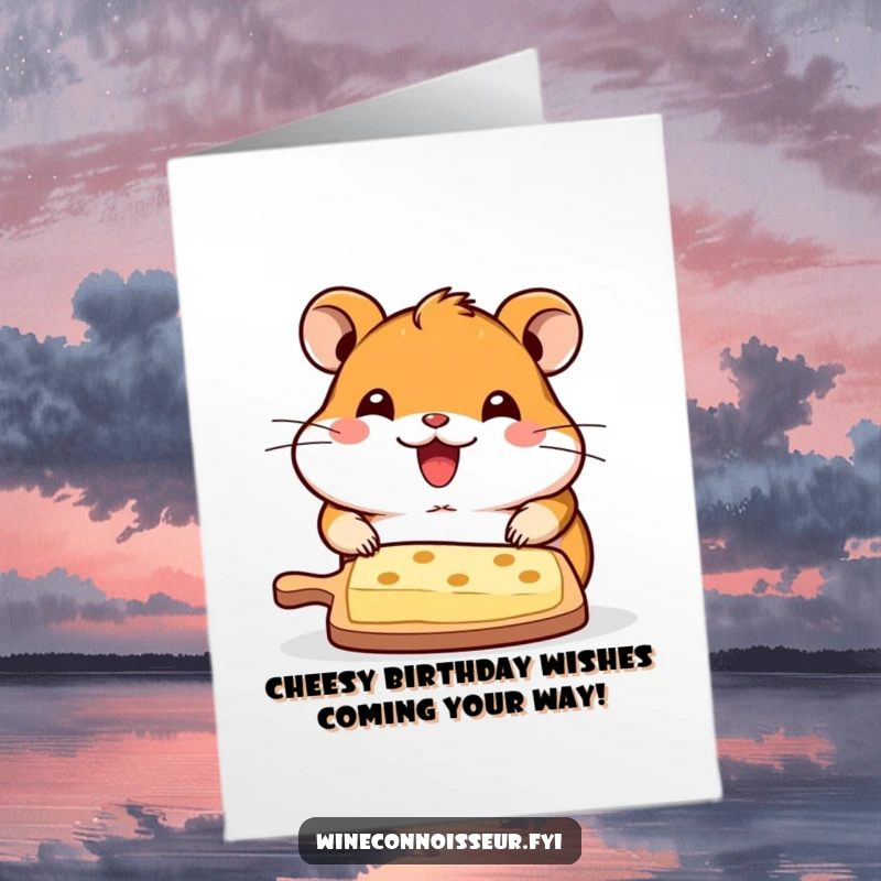 Funny Free Printable Birthday Card: Kawaii hamster proudly offers a cheese board, smiling gleefully, perfect for a birthday laugh.