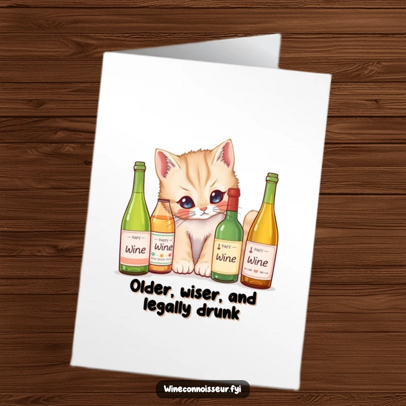 Funny Free Printable Birthday Card: A curious kitten inspecting miniature wine bottle labels, a whimsical and downloadable birthday wish.