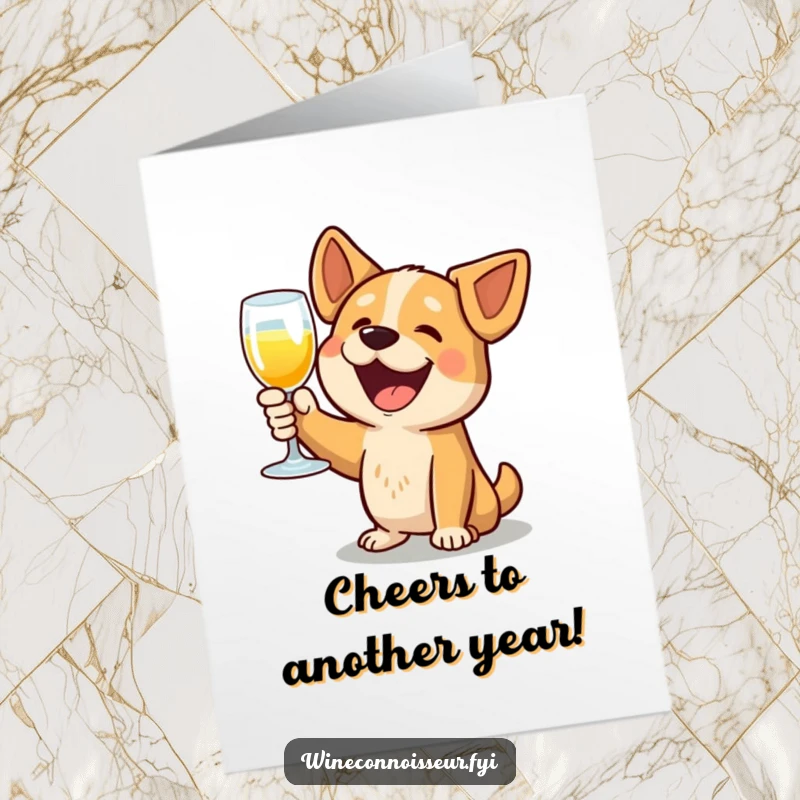 Funny Free Printable Birthday Card: Delighted dog with a glass raised, toasting happily, ready for a party.