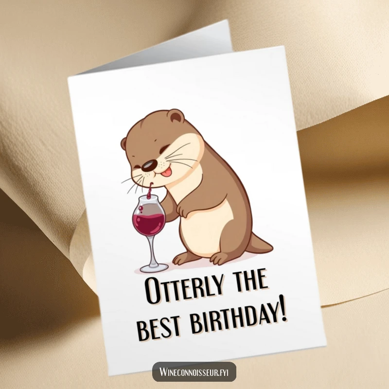 Funny Free Printable Birthday Card: Otter hilariously attempts to pour wine from a tiny decanter with a messy spill.