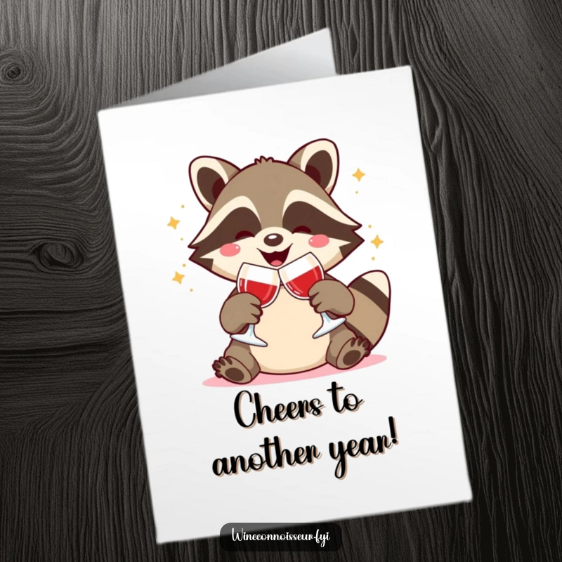 Funny Free Printable Birthday Card: Joyful Kawaii raccoon clinks wine glasses with glee, celebrating a birthday with cheer.