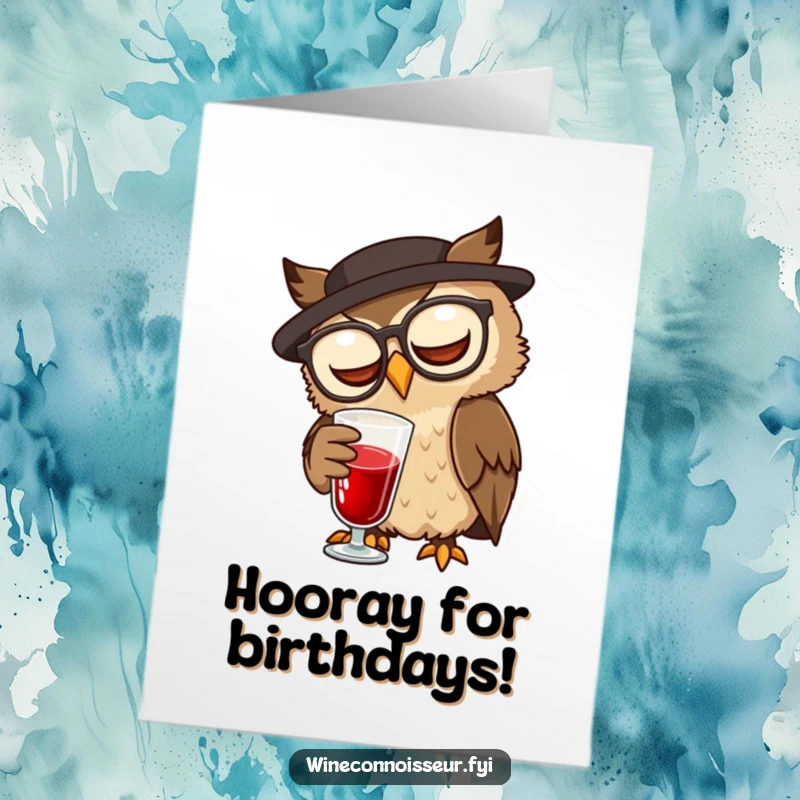 Funny Free Printable Birthday Card: A brown owl with glasses swirls a glass of red liquid.