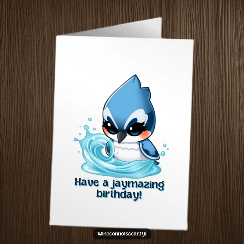 Funny Free Printable birthday card featuring a determined blue jay character with a focused gaze, meticulously analyzing a swirling liquid with curiosity.