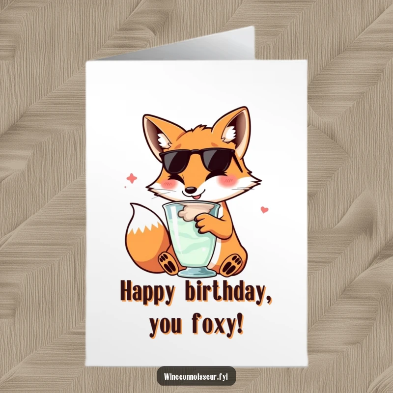 Funny Free Printable Birthday Card: A sophisticated kawaii fox happily swirling a wine glass, perfect for a birthday toast.